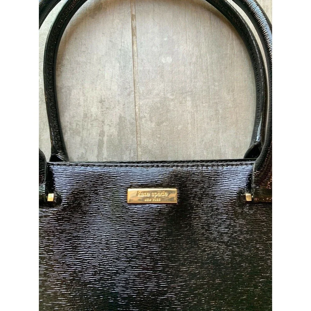 KATE SPADE Black Leather Shiny Glossy Designer Tote Shoulder Bag Classic Chic